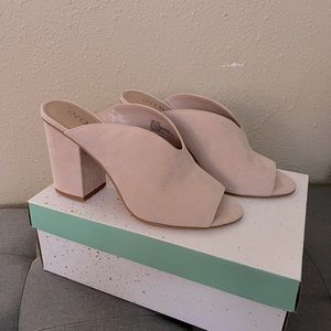 Light pink faux suede mules